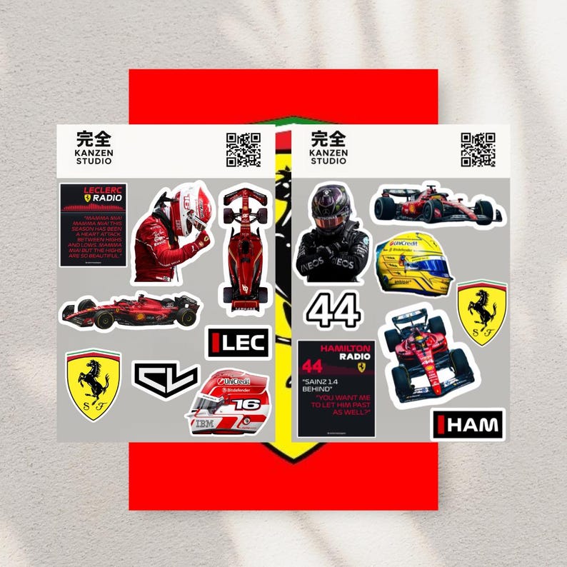 May include: A collection of stickers featuring Formula 1 racing themes. The stickers include images of race cars, helmets, team logos, and driver portraits. The color palette is dominated by red, black, and yellow, with text in English and Japanese.