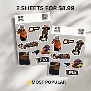 May include: Two sticker sheets featuring Formula 1 racing themes, including a driver in an orange suit, a race car, a helmet, and text reading PIASTRI RADIO, YEP MOVE OF A WORLD CHAMPION THAT ONE, OP, and PIA. Each sheet includes a KANZEN STUDIO logo and QR code.