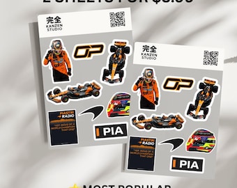 May include: Two sticker sheets featuring Formula 1 racing themes, including a driver in an orange suit, a race car, a helmet, and text reading PIASTRI RADIO, YEP MOVE OF A WORLD CHAMPION THAT ONE, OP, and PIA. Each sheet includes a KANZEN STUDIO logo and QR code.