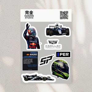 May include: A sheet of stickers featuring Formula 1 racing themes. Includes images of race cars, helmets, logos for Oracle Red Bull Racing, Cadillac Formula 1 Team, and Perez Radio. The text "KANZEN STUDIO" is also present.