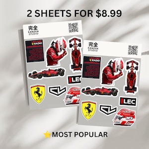 May include: Two sticker sheets featuring Formula 1 racing themes. Each sheet includes a Ferrari logo, a red race car, a driver in a red suit, a helmet with the number 16, a radio transcript box with text Leclerc Radio, and a QR code. Kanzen Studio is printed at the top.
