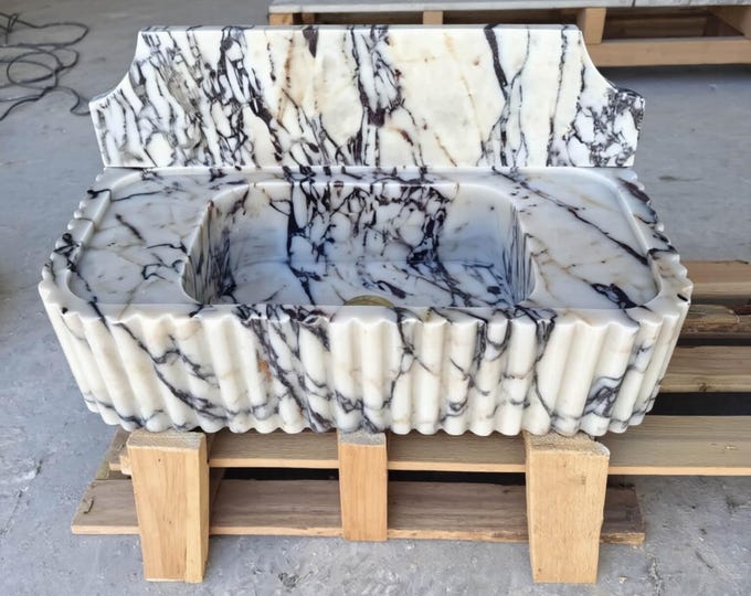 Featured listing image: Calacatta Viola Marble Fluted Vanity Sink, Luxury Handmade Bathroom Basin, Custom Stone