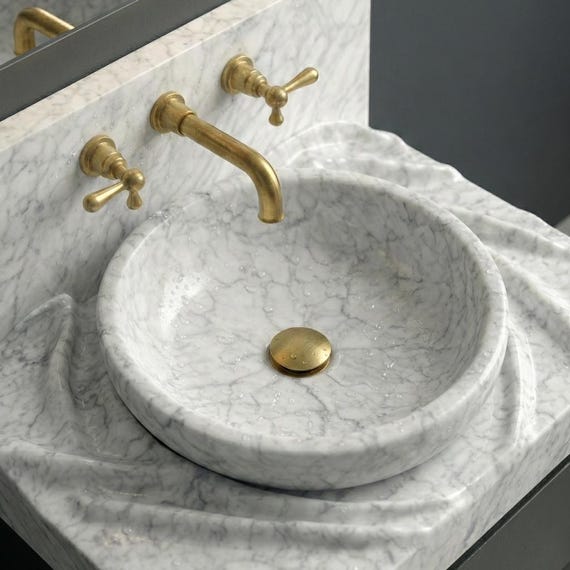 Carrara White Marble Sink Draped Handmade Effect Vanity Top Hand Carved Unique Stone Basin