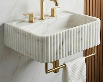 White Carrara Marble Ribbed Sink Basin Wall Hung - Modern Luxury Natural Stone Bathroom Vanity