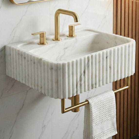 White Carrara Marble Ribbed Sink Basin Wall Hung - Modern Luxury Natural Stone Bathroom Vanity