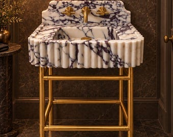 Calacatta Viola Marble Sink – Fluted Vanity Basin for Modern Bathrooms