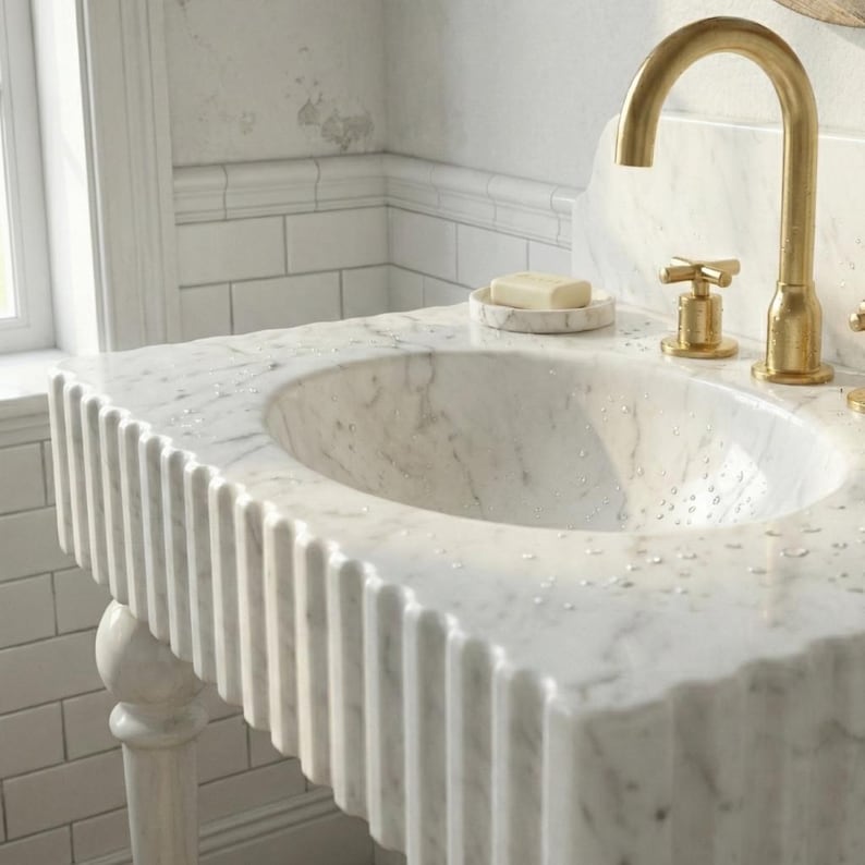 Carrara White Marble Sink | Fluted Vanity Top with Optional Backsplash | Handmade Italian Bathroom Basin image 13