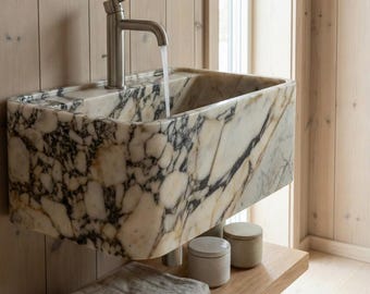 Luxury Calacatta Viola Marble Wall-Mounted Bathroom Sink - Handmade Desing