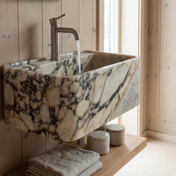 Luxury Calacatta Viola Marble Wall-Mounted Bathroom Sink - Handmade Desing