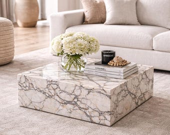 Calacatta Viola Marble Coffee Table, Square Plinth Block, Luxury Natural Stone Living Room Furniture