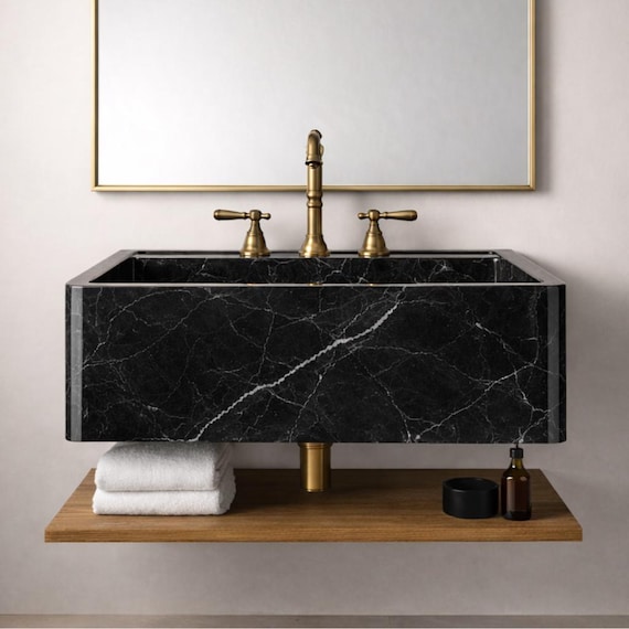Nero Marquina Black Marble Sink, Rectangular Natural Stone Basin, Custom Luxury Bathroom Vanity
