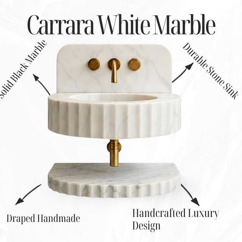 May include: A Carrara White Marble sink with a fluted basin and shelf, featuring gold taps and fixtures. The image includes text: "Carrara White Marble", "Solid Black Marble", "Durable Stone Sink", "Draped Handmade", and "Handcrafted Luxury Design".