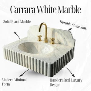 Carrara White Marble Sink | Fluted Vanity Top with Optional Backsplash | Handmade Italian Bathroom Basin image 14