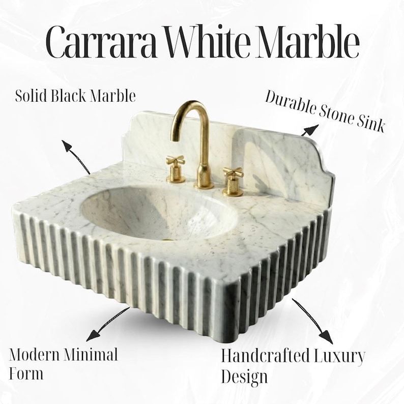 Carrara White Marble Sink | Fluted Vanity Top with Optional Backsplash | Handmade Italian Bathroom Basin image 14