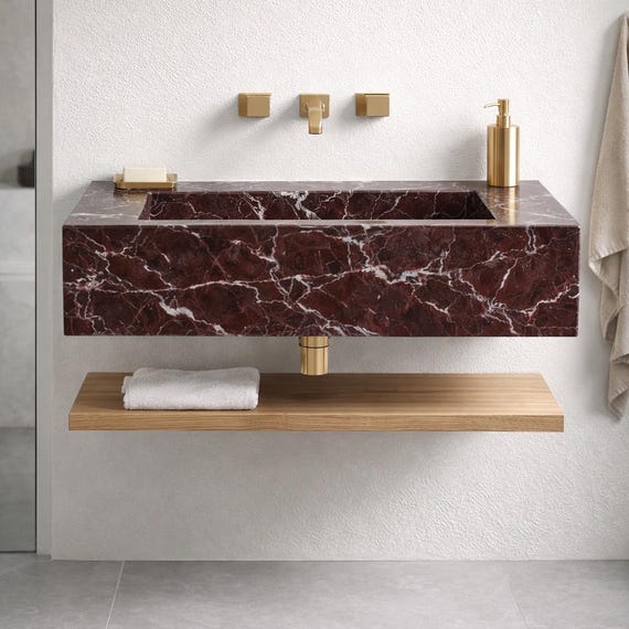 Rosso Levanto Marble Sink, Wall Mounted Basin - Luxury Handmade Red Marble Bathroom Vanity Washbasin