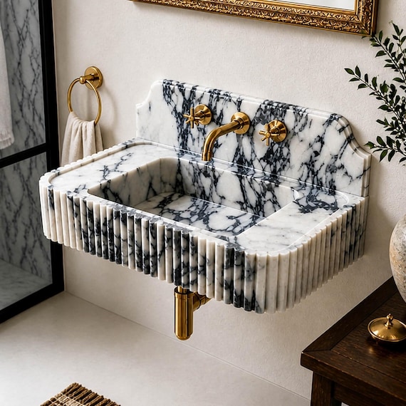 Custom Fluted Marble Sink, Calacatta Viola Stone Washbasin, Luxury Wall Mounted Vanity Basin