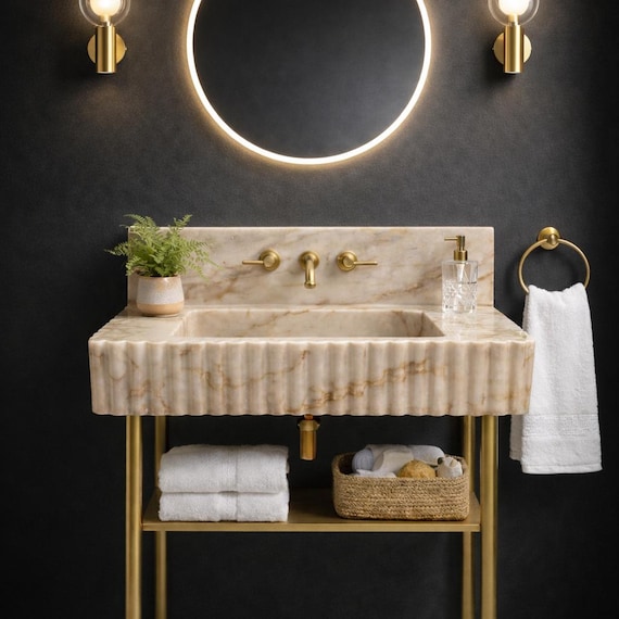 Calacatta Gold Fluted Marble Sink, Wall Mounted Ribbed Basin, Luxury Stone Vanity Top