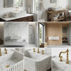 May include: A selection of luxury bathroom sinks and fittings. The sinks are crafted from white marble with vertical grooved detailing. Gold-toned taps and hardware complement the sinks. The bathrooms feature wooden vanities, marble walls, and a shower.