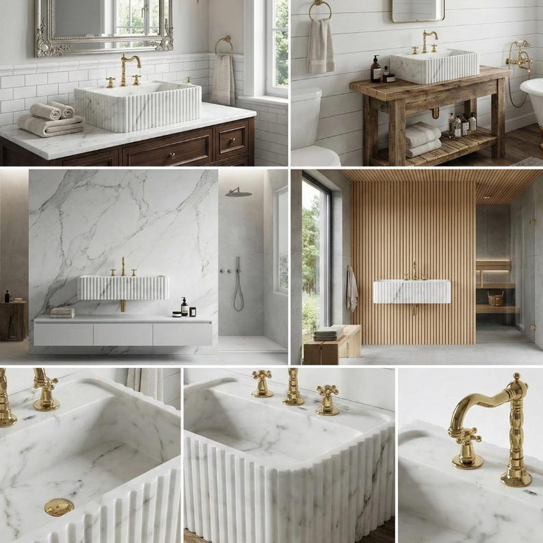 May include: A selection of luxury bathroom sinks and fittings. The sinks are crafted from white marble with vertical grooved detailing. Gold-toned taps and hardware complement the sinks. The bathrooms feature wooden vanities, marble walls, and a shower.