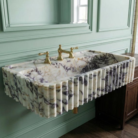Calacatta Viola Marble Sink, Fluted Front Wall Mount Basin