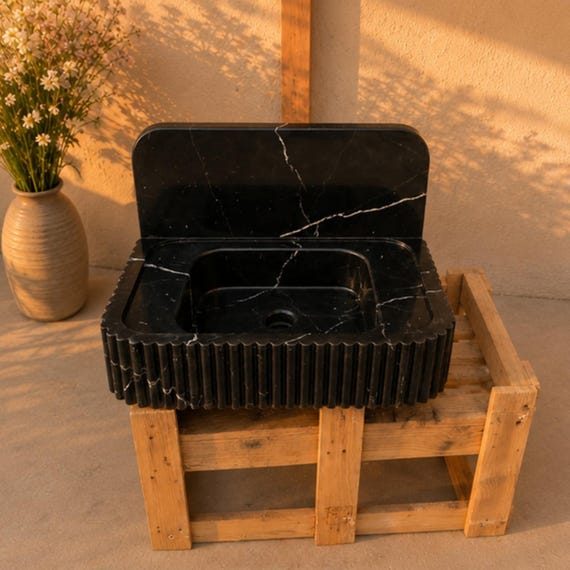 Black Marble Vanity Sink | Fluted Handmade Basin