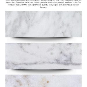 May include: Three samples of Carrara White Marble are shown, each with a clean white base and subtle grey veining. The image is labelled "Color Variations".