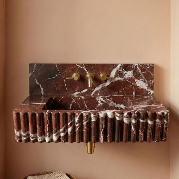 Rosso Levanto Marble Fluted Sink, Wall Mounted Floating Vanity