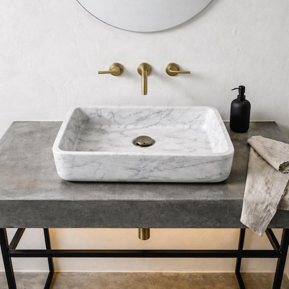 Carrara White Marble Sink - Rectangular Stone Vessel Basin