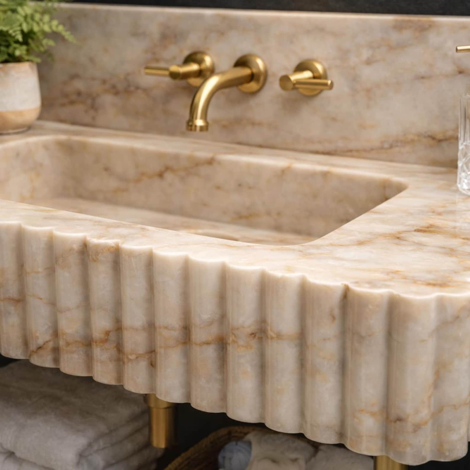 Calacatta Gold Fluted Marble Sink, Wall Mounted Ribbed Basin, Luxury ...
