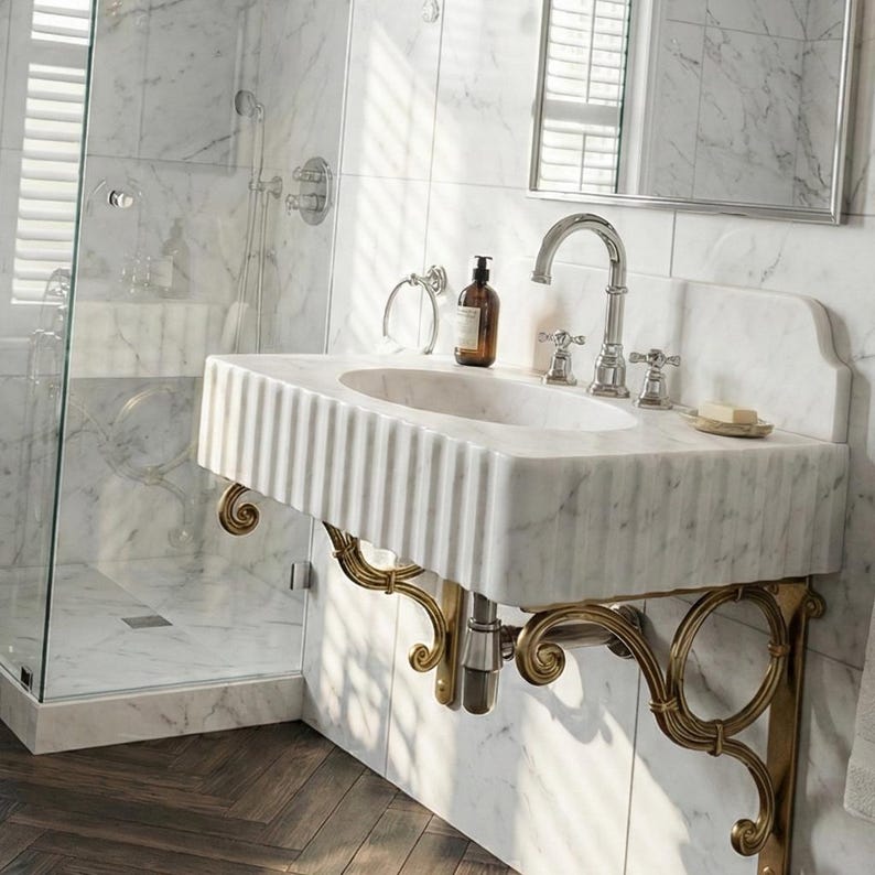 Carrara White Marble Sink | Fluted Vanity Top with Optional Backsplash | Handmade Italian Bathroom Basin image 8