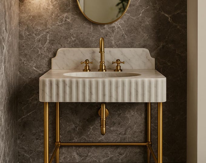 Featured listing image: Carrara White Marble Sink | Fluted Vanity Top with Optional Backsplash | Handmade Italian Bathroom Basin