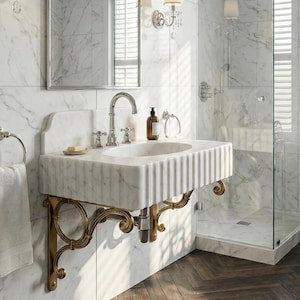 Carrara White Marble Sink | Fluted Vanity Top with Optional Backsplash | Handmade Italian Bathroom Basin image 7