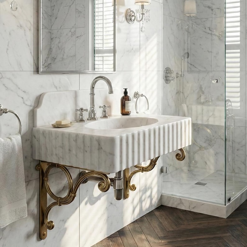 Carrara White Marble Sink | Fluted Vanity Top with Optional Backsplash | Handmade Italian Bathroom Basin image 7