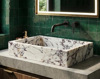 Lavabo Mármol Calacatta Viola Rectangular Sobre Encimera Piedra Natural Baño de Lujo Aseo Moderno