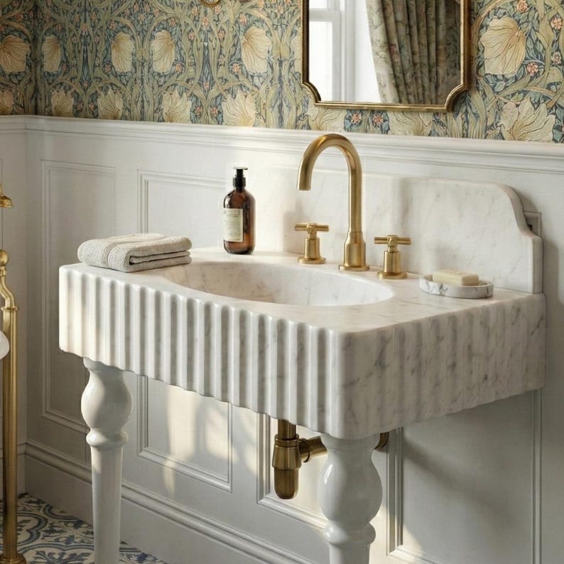 Carrara White Marble Sink | Fluted Vanity Top with Optional Backsplash | Handmade Italian Bathroom Basin image 11