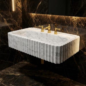 White Carrara Marble Ribbed Sink Basin Wall Hung - Modern Luxury Natural Stone Bathroom Vanity image 2