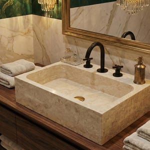May include: A rectangular beige stone sink with a dark bronze faucet and fixtures. The sink is set on a dark wood vanity with folded towels. A gold-framed mirror and a decorative glass tray with perfume bottles are visible.
