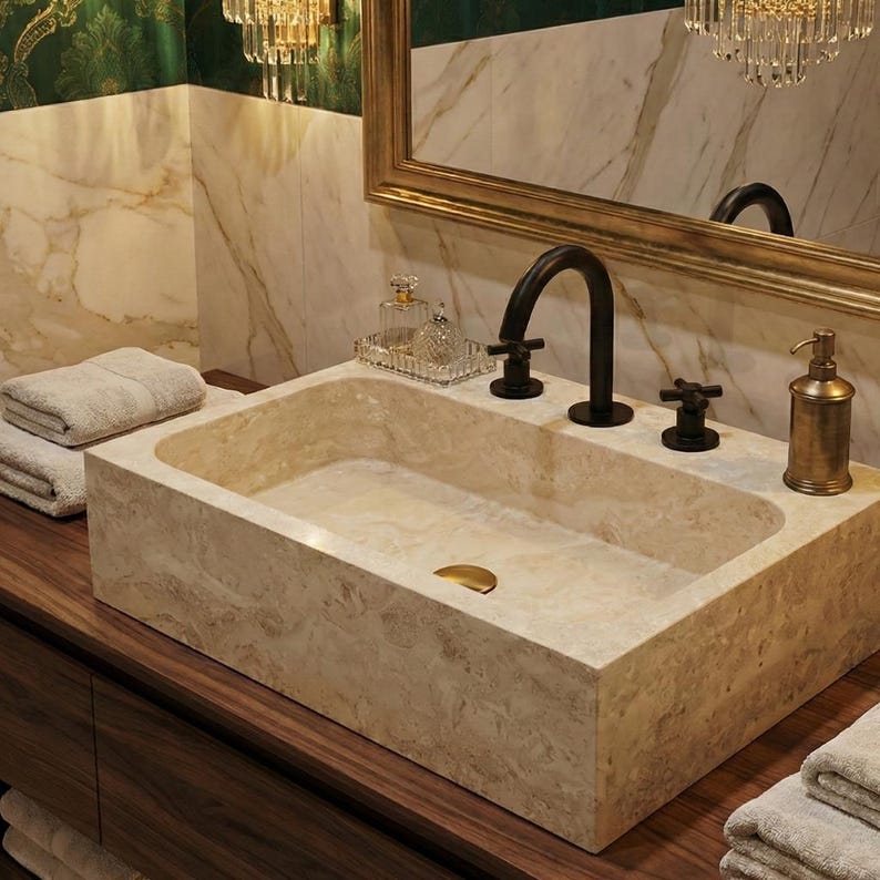 May include: A rectangular beige stone sink with a dark bronze faucet and fixtures. The sink is set on a dark wood vanity with folded towels. A gold-framed mirror and a decorative glass tray with perfume bottles are visible.