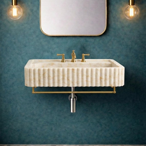 Calacatta Gold Fluted Marble Sink, Wall Mounted Floating Vanity