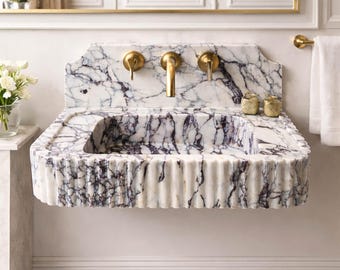 Lavabo de Mármol Calacatta Viola – Lavabo Suspendido Acanalado Hecho a Mano