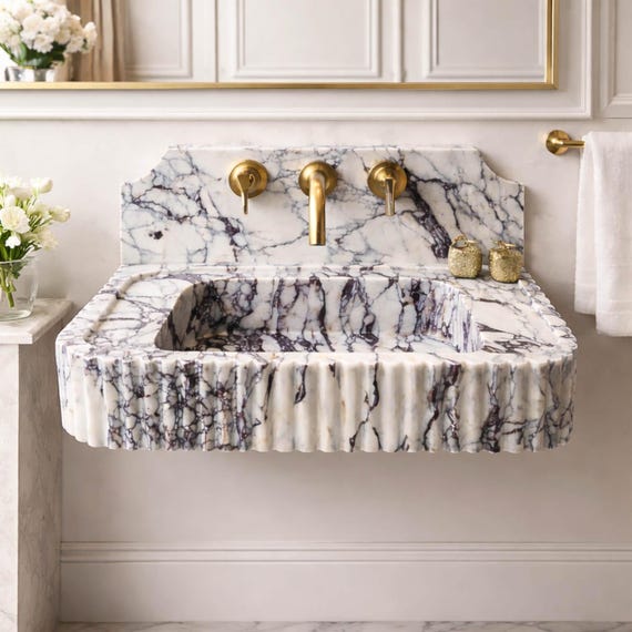 Calacatta Viola Marble Sink – Handmade Fluted Wall Mounted Basin