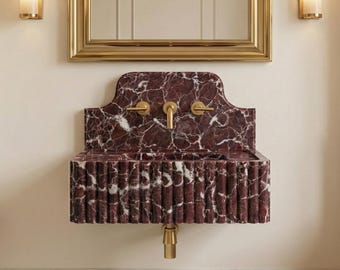 Lavabo de Mármol Rosso Levanto Estriado, Pila de Piedra Roja, Hecho a Mano, Decoración de Baño de Lujo