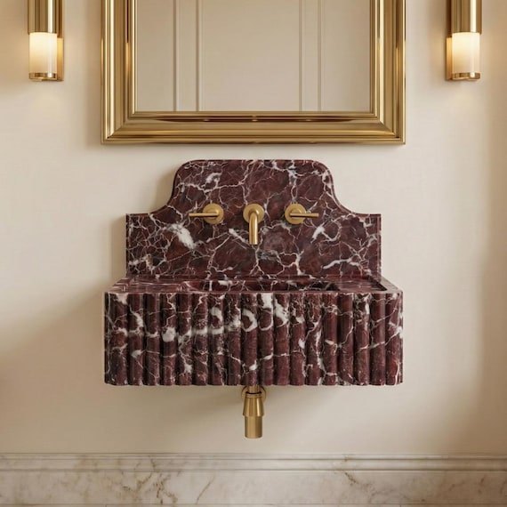 Fluted Rosso Levanto Marble Sink, Handcrafted Red Stone Vessel Basin, Luxury Bathroom Decor