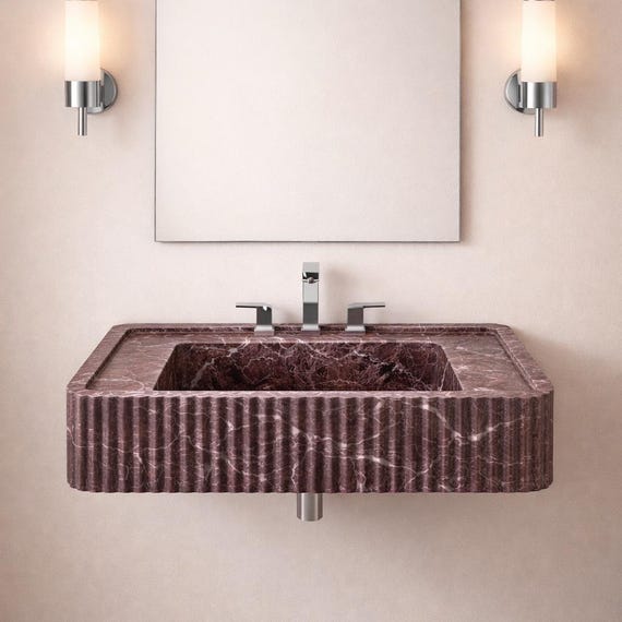 Rosso Levanto Marble Fluted Sink, Wall Mounted Custom Stone Basin, Luxury Powder Room Vanity