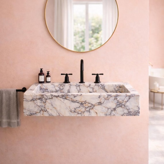Luxury Calacatta Viola Marble Wall-Mounted Sink – Handmade Floating Bathroom Vanity Basin