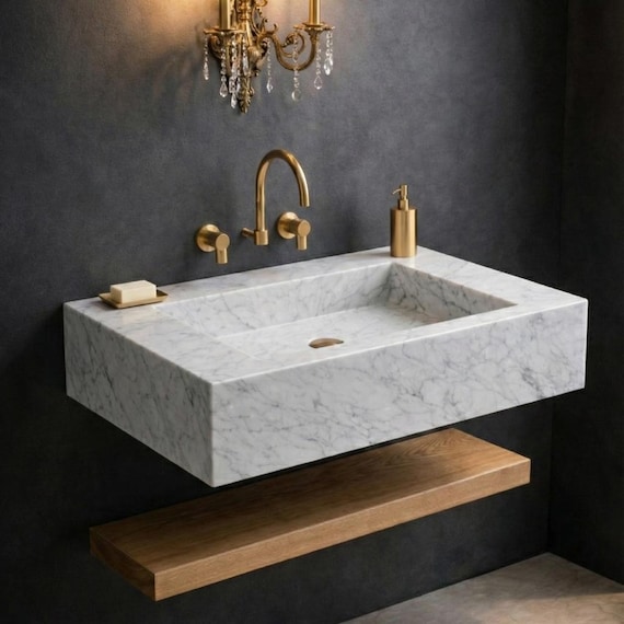 Luxury Italian Carrara White Marble Rectangular Floating Wall Mounted Sink Basin Vanity