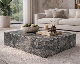 Orobico Grey Marble Plinth Coffee Table Modern Square Stone Block Living Room Centerpiece