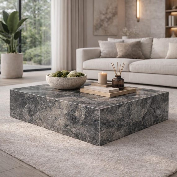 Orobico Grey Marble Plinth Coffee Table Modern Square Stone Block Living Room Centerpiece