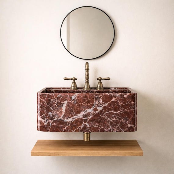 Rosso Levanto Marble Sink, Wall Mounted Stone Basin, Custom Rectangular Vanity, Luxury Washbasin