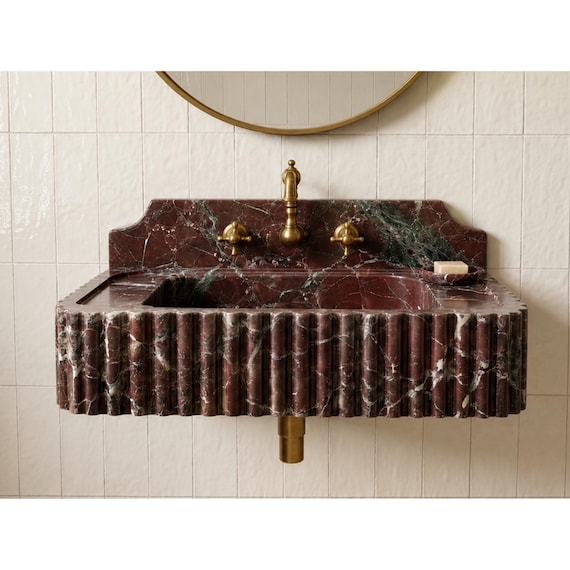 Rosso Levanto Marble Sink Vanity | Fluted Wall Mounted Bathroom Sink with Backsplash